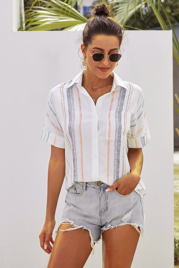 V Neck Stripes Roll up Sleeve Button Down Shirt