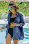Buttoned Turn Down Collar Denim Shirt with Pocket