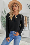 Henley Pullover Drop Shoulder Sweater with Slits