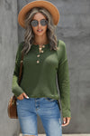 Henley Pullover Drop Shoulder Sweater with Slits