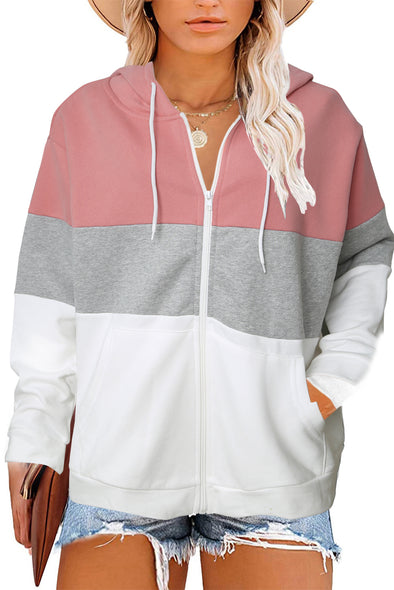 Color Block Zipper Drawstring Plus Size Hoodie