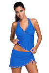 Contrast White Trim Black Halter Tankini Skort Swimsuit
