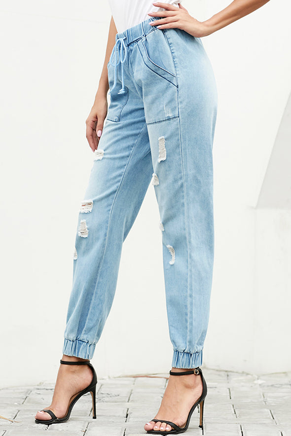 Distress Drawstring Pocketed Joggers