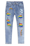 Men's Skull Print Patchwork Distressed Skinny High Waist Jeans