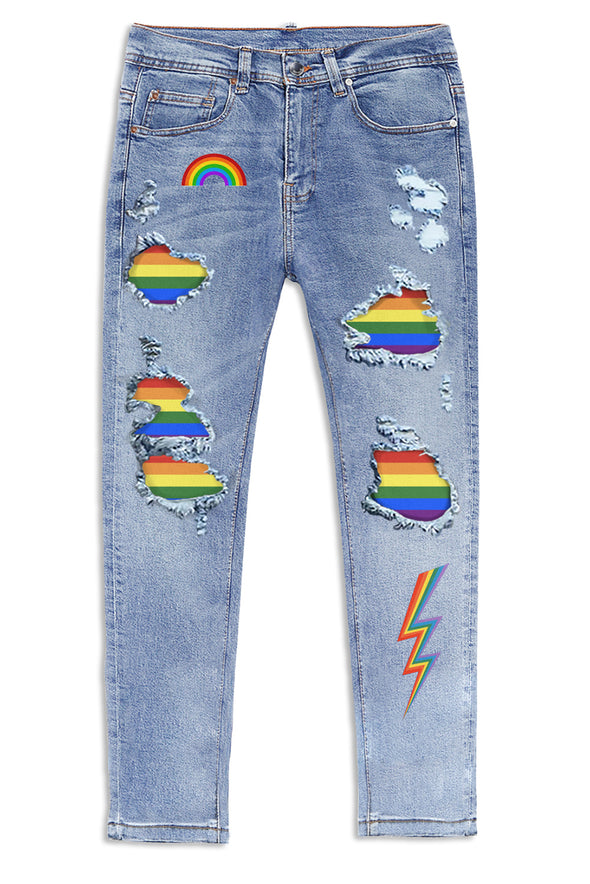 Men's Skull Print Patchwork Distressed Skinny High Waist Jeans