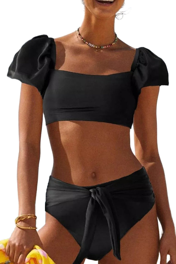Sexy Bubble Sleeves High Waisted Swimsuit