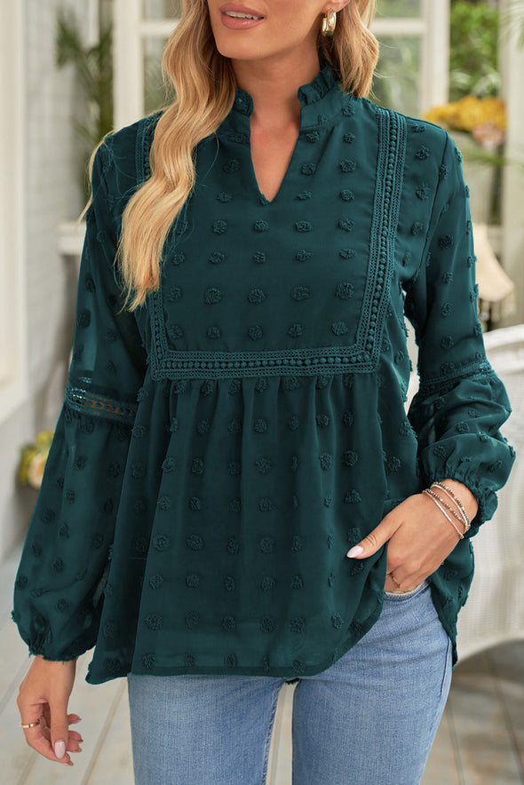 Swiss Dot Split Neck Ruffle Babydoll Blouse