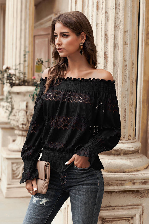 Off Shoulder Ruffle Long Sleeve Smocked Waist Lace Crochet Blouse