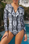 Print Zipper Cut-out Rash Guard Swimsuit