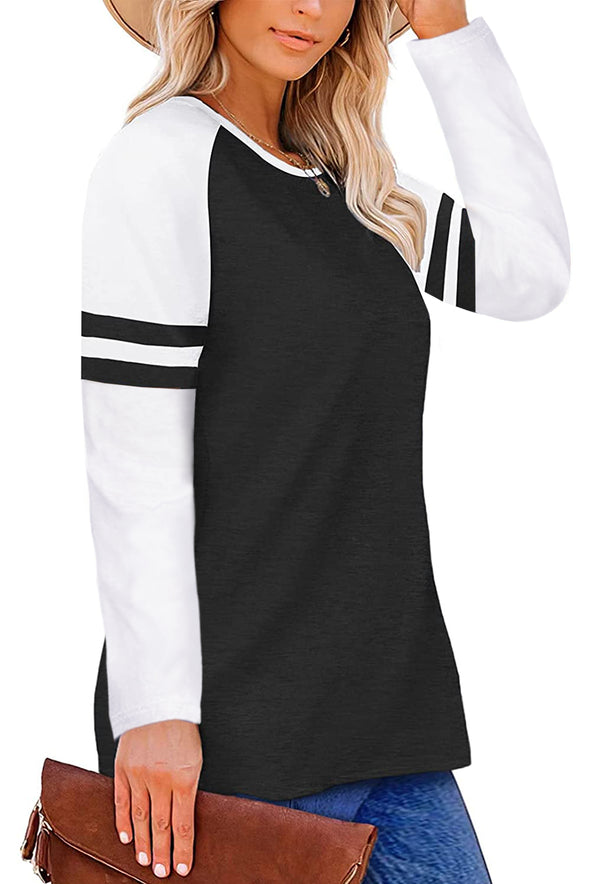 Crewneck Striped Splicing Sleeve Patchwork Plus Size Top