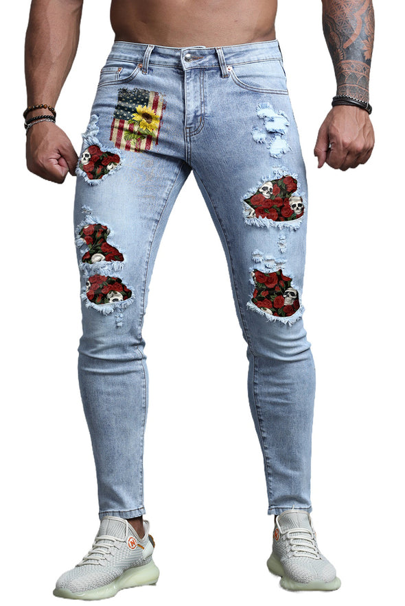 Men's Skull Print Patchwork Distressed Skinny High Waist Jeans