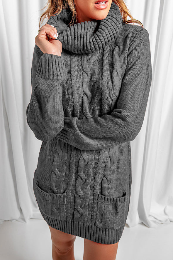 Colorblock Cowl Neck Cable Knit Sweater Dress