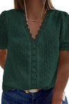 V Neck Lace Crochet Swiss Dot Short Sleeve Blouse