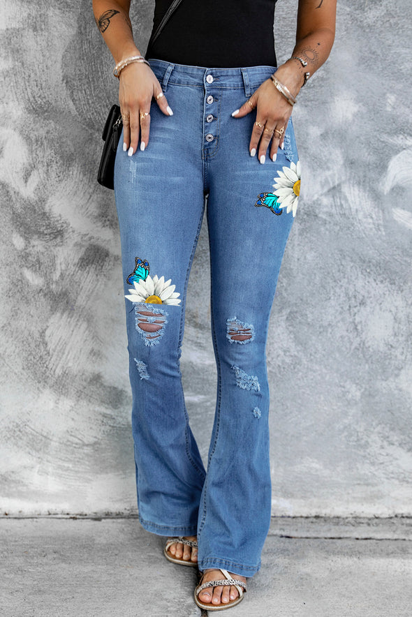 Dark Blue Mid Rise Button Front Flare Denim