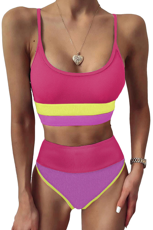 Spaghetti Straps Colorblock Ribbed High Waisted Swimsuit