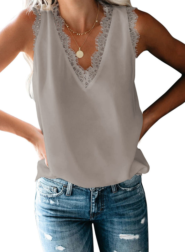 Sleeveless Eyelash Lace V Neck Tank Top