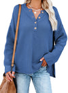 Henley Pullover Drop Shoulder Sweater with Slits