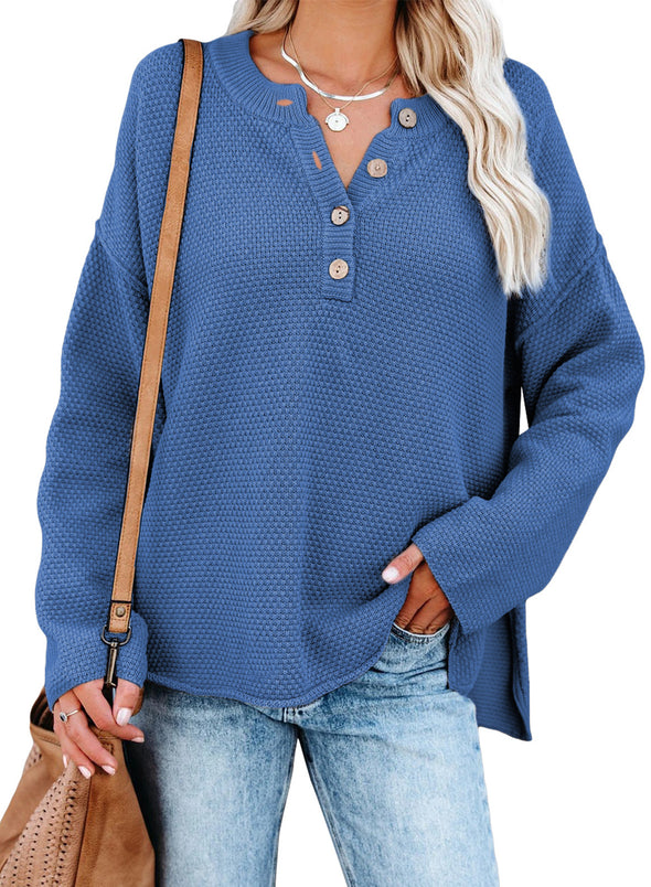 Henley Pullover Drop Shoulder Sweater with Slits