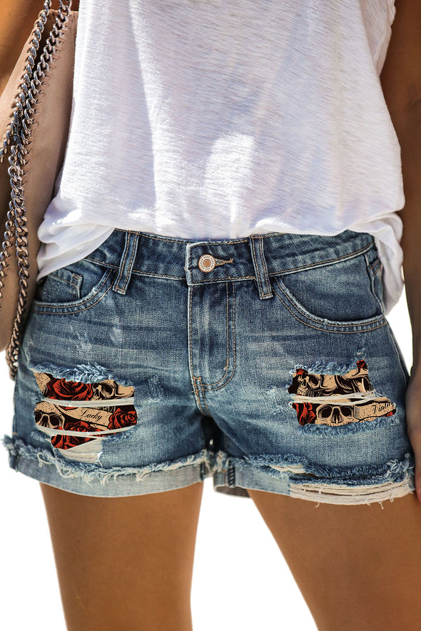 Women's Distressed Ripped Rolled Hem Blue Denim Shorts