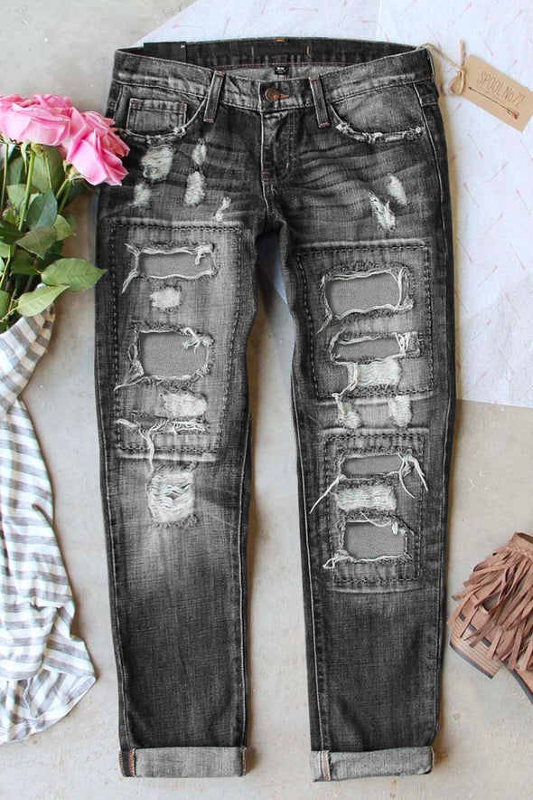 Valentine Heart Patchwork Distressed Straight Leg Jeans