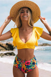Floral Ruffled Hem High Waist Bikini Set