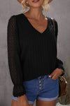 V Neck Puff Sleeve Swiss Dot Blouse