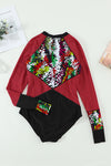 Floral Striped Patchwork Rashguard One-piece Swimsuit