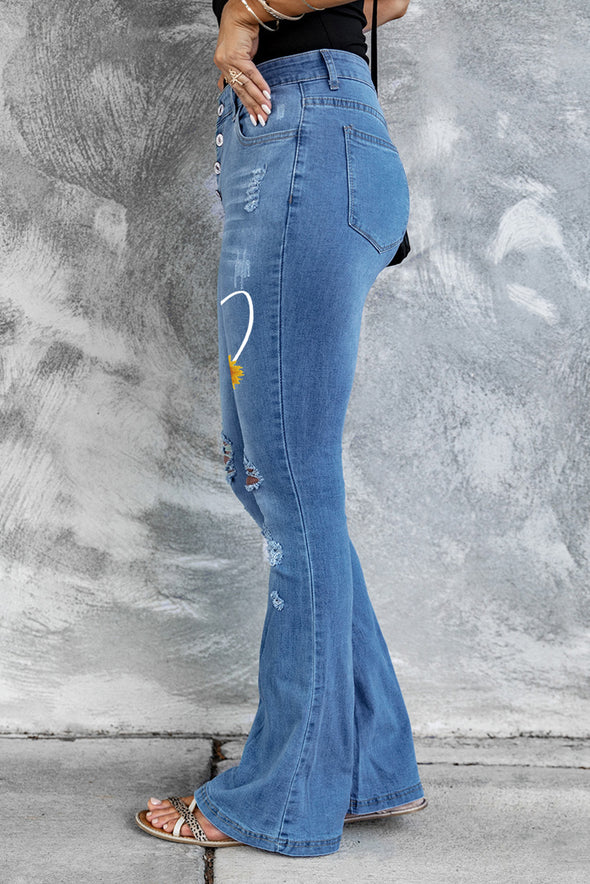 Dark Blue Mid Rise Button Front Flare Denim