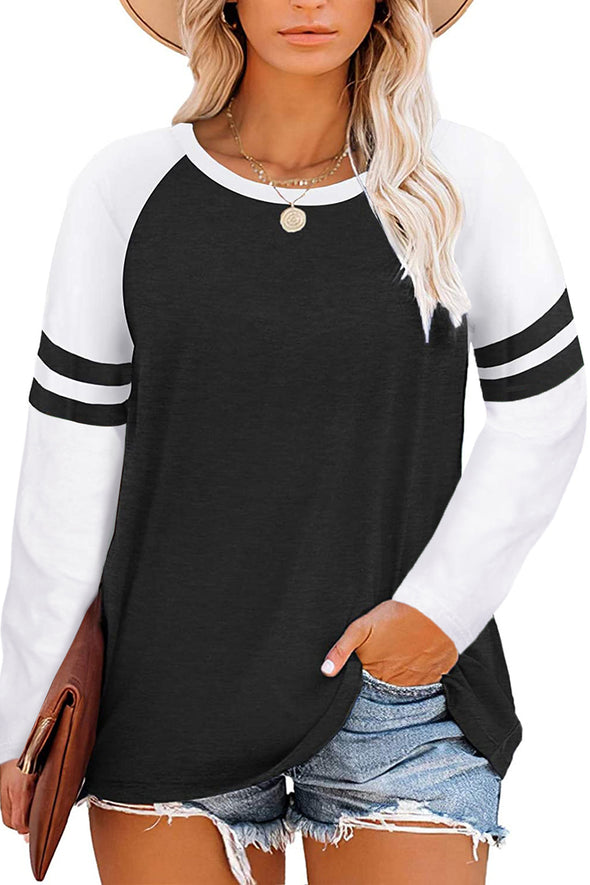 Crewneck Striped Splicing Sleeve Patchwork Plus Size Top