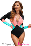 Color Block Zipper Long Sleeve Rash Guard Swimwear