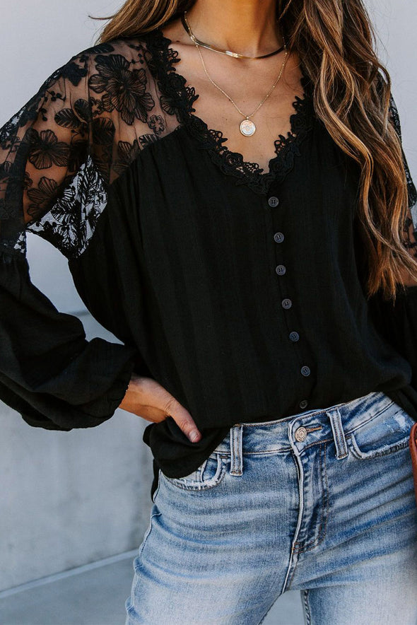 V Neckline Lace Shoulder Patchwork Blouse