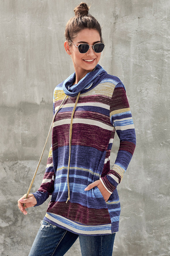 Multicolor Cowl Neck Striped Long Sleeve Sweatshirt