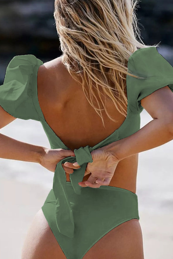 Sexy Bubble Sleeves High Waisted Swimsuit