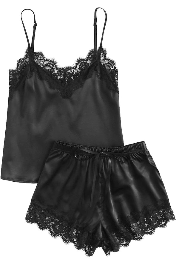 Lace Satin Sleepwear Cami Top and Shorts Pajama Set