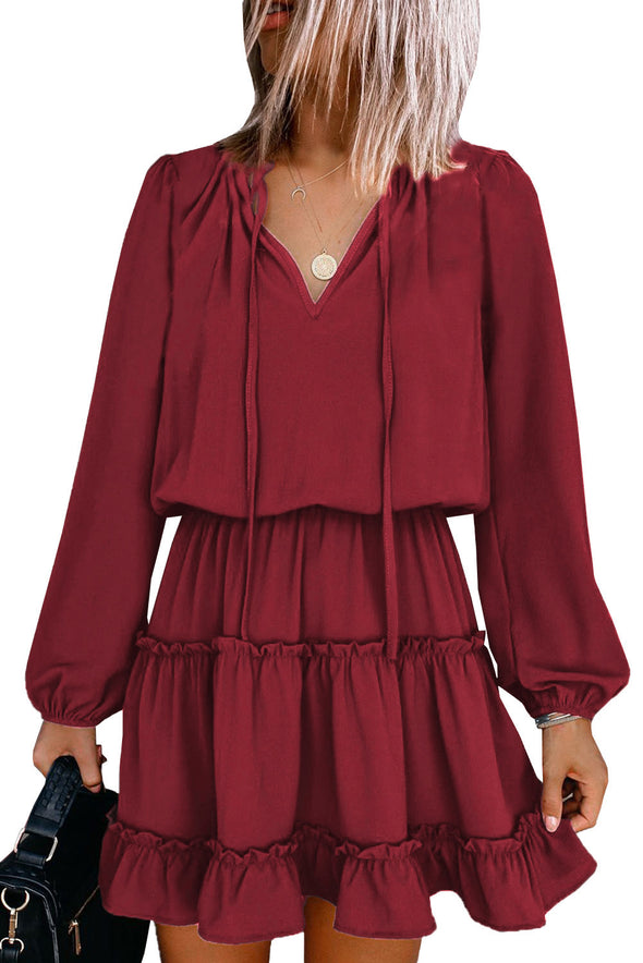 V Neck Long Sleeve Ruffle Tiered Mini Dress