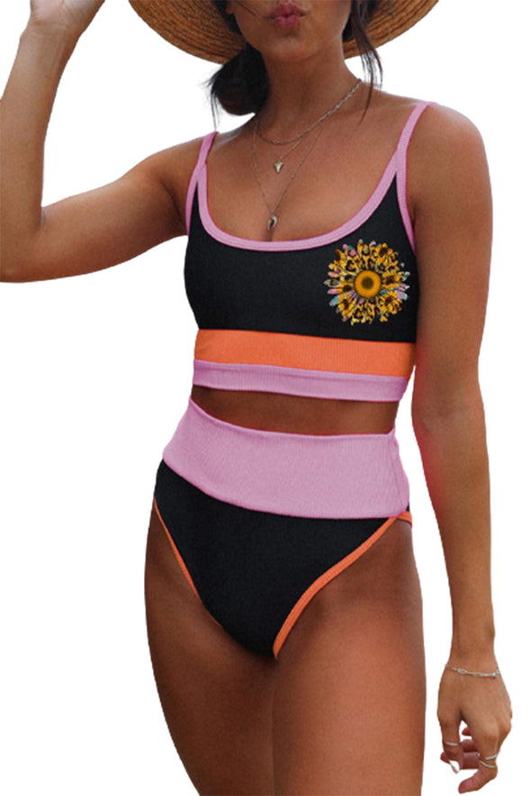 Spaghetti Straps Colorblock Ribbed High Waisted Swimsuit