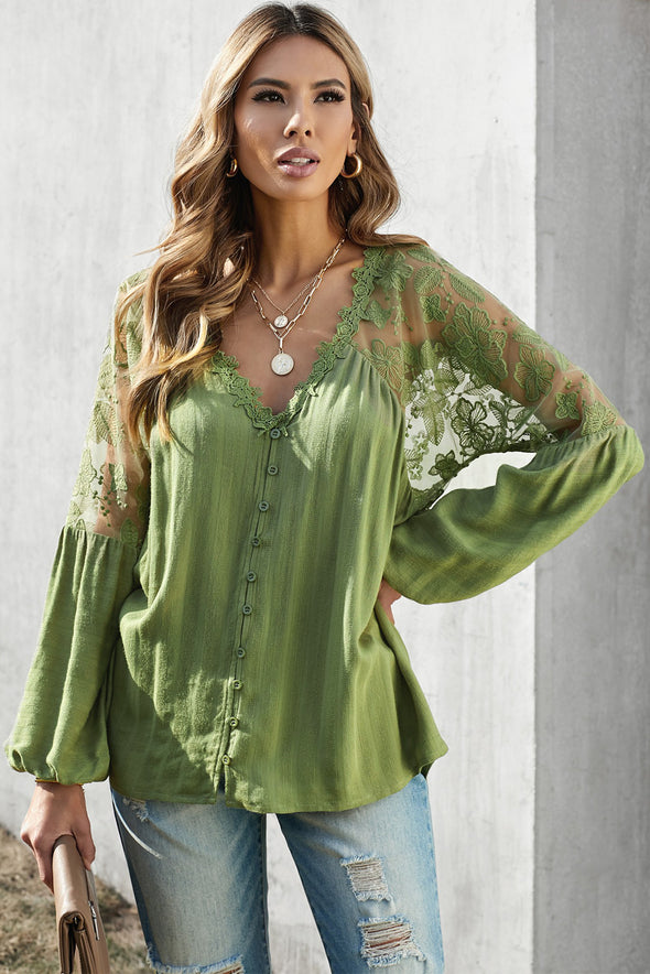 V Neckline Lace Shoulder Patchwork Blouse