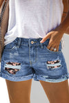 Plaid Patchwork Rolled Hem Denim Shorts