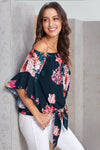 Off Shoulder Floral Tie Front High Low Chiffon Blouse