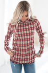 Cowl Neck Plaid Drawstring Hoodie with Thumb Hole