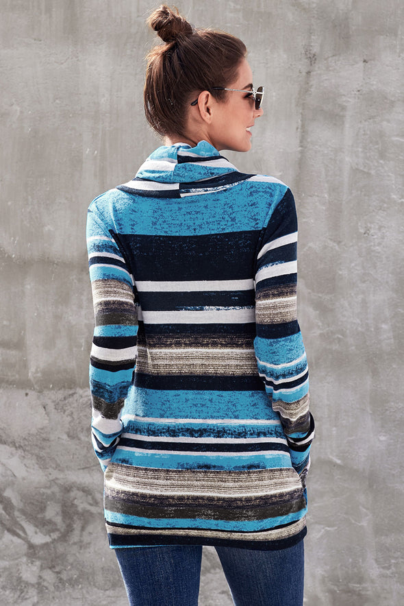 Multicolor Cowl Neck Striped Long Sleeve Sweatshirt