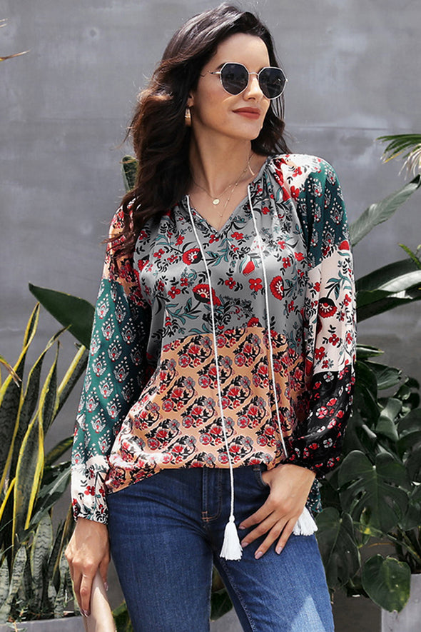 Multicolor Floral Print Peasant Blouse