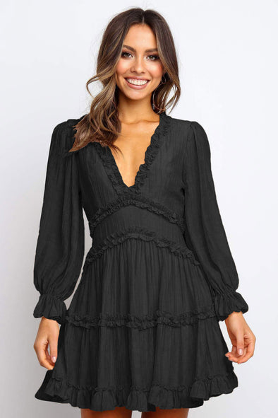 V Neck Ruffle Detailing Open Back Dress