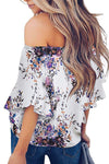 Off Shoulder Floral Tie Front High Low Chiffon Blouse