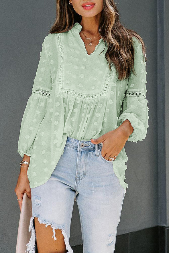 Swiss Dot Split Neck Ruffle Babydoll Blouse