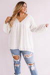 Wine Red V Neck Lantern Sleeve Swiss Dot Plus Size Blouse