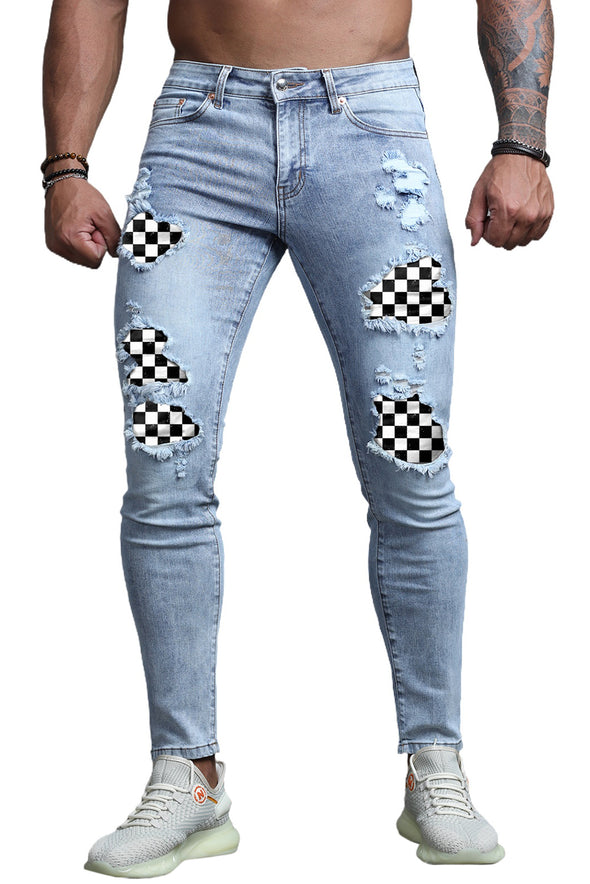 Men's Skull Print Patchwork Distressed Skinny High Waist Jeans