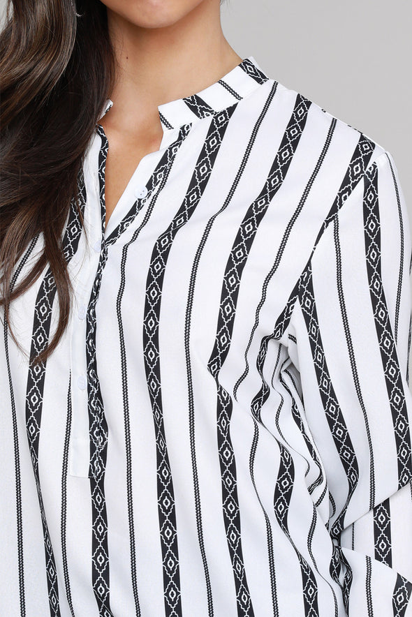 V Neck Striped Button Down Blouse