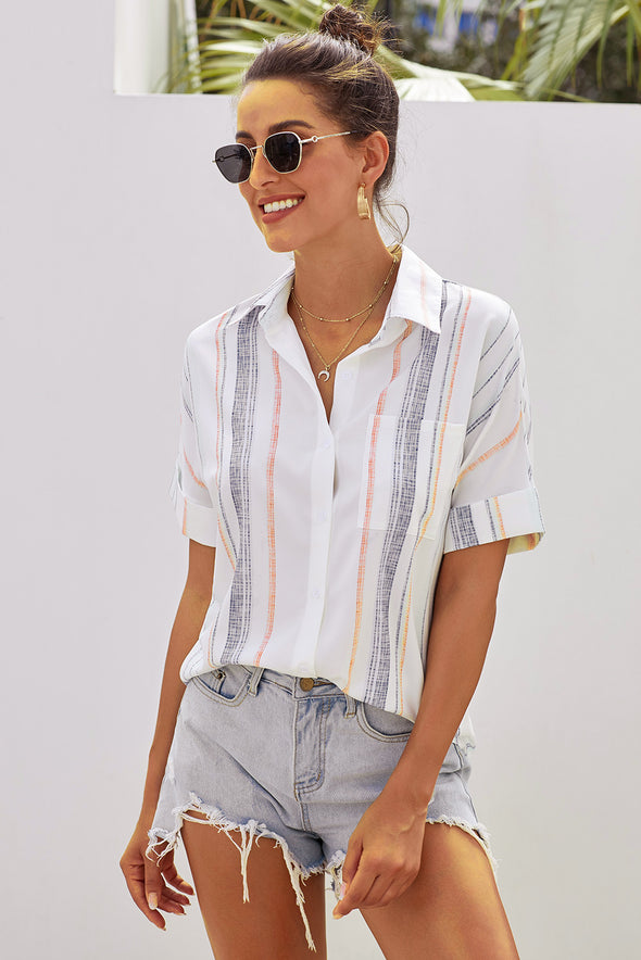 V Neck Stripes Roll up Sleeve Button Down Shirt