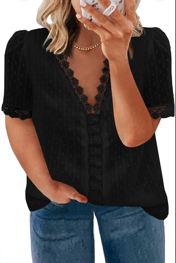 V Neck Lace Crochet Swiss Dot Short Sleeve Blouse